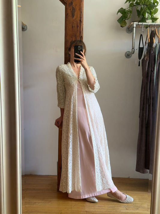 Vintage 60's Cream Lace Overlay Duster Robe with Blue Lining