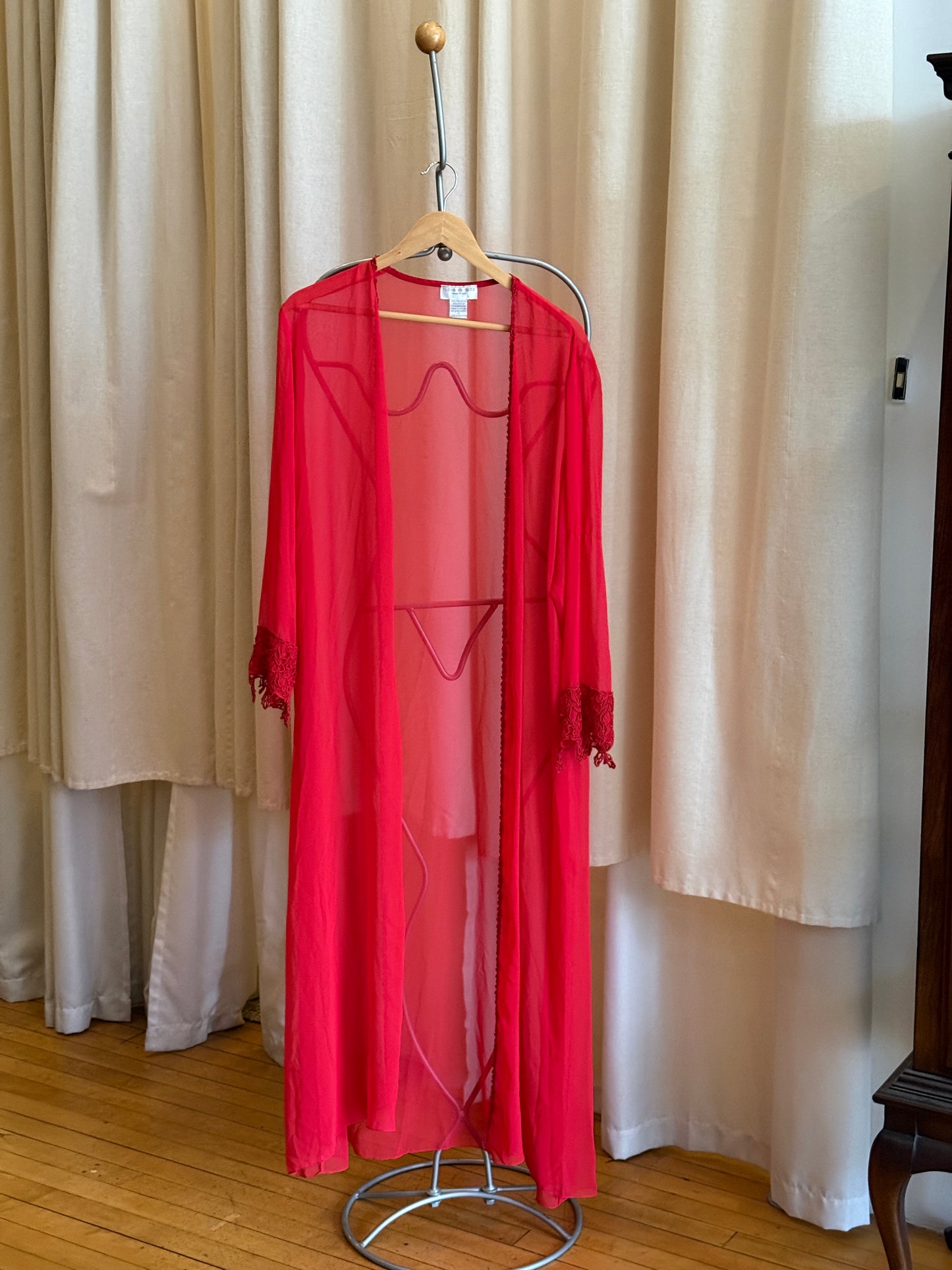 Vintage red sheer lace lingerie maxi robe by Flora Nikrooz [SIMRAN]