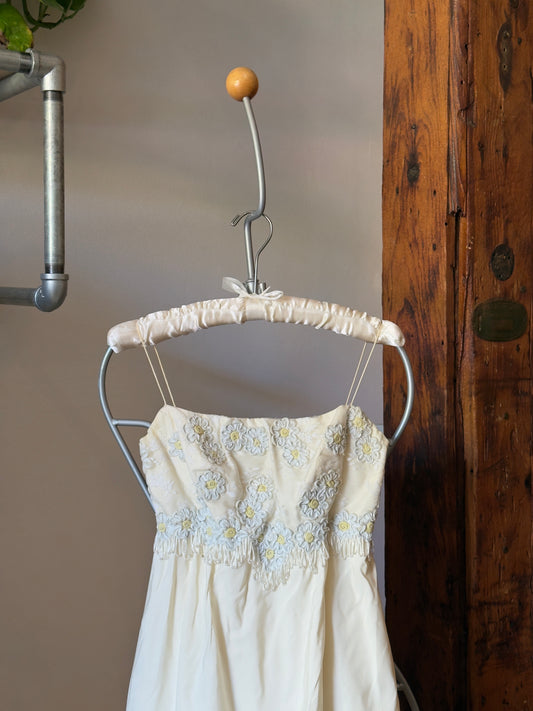 Vintage 60's Satin Wedding Dress with Embroidered Flowers and Fringe Beading