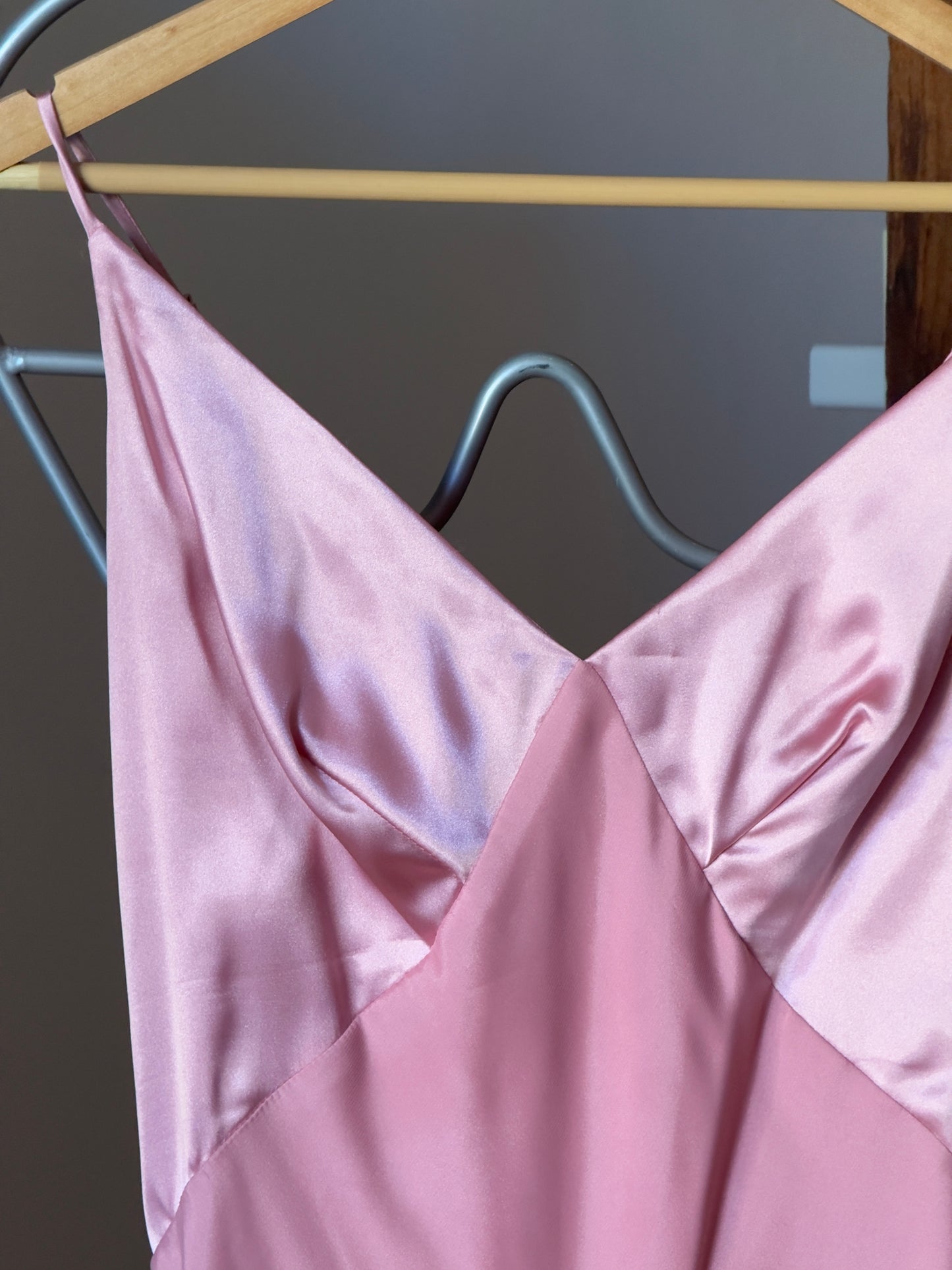 Vintage 90's Pink Satin Chiffon Evening Dress with Contrasting Bust and Leg Slit