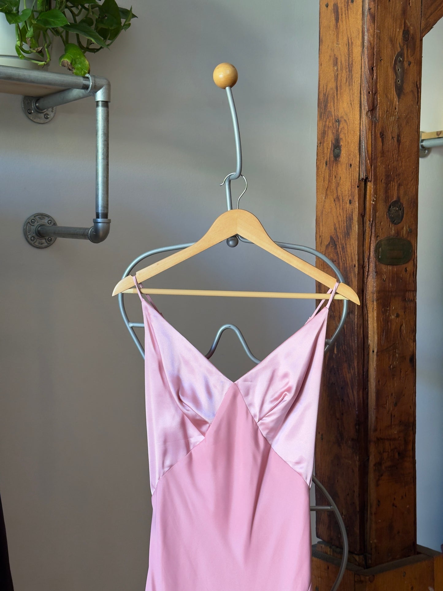 Vintage 90's Pink Satin Chiffon Evening Dress with Contrasting Bust and Leg Slit