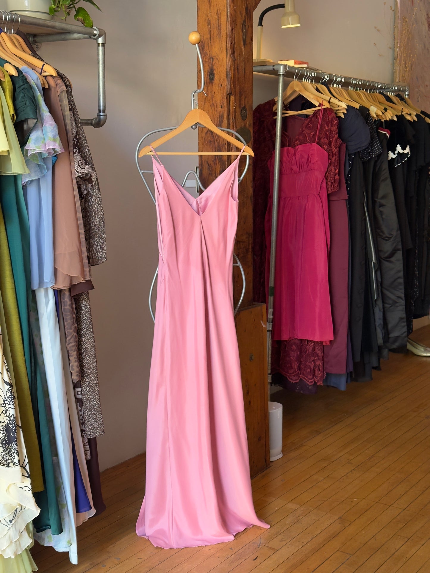 Vintage 90's Pink Satin Chiffon Evening Dress with Contrasting Bust and Leg Slit