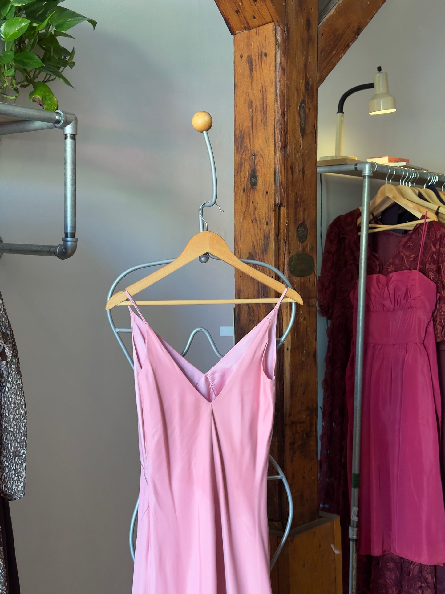 Vintage 90's Pink Satin Chiffon Evening Dress with Contrasting Bust and Leg Slit