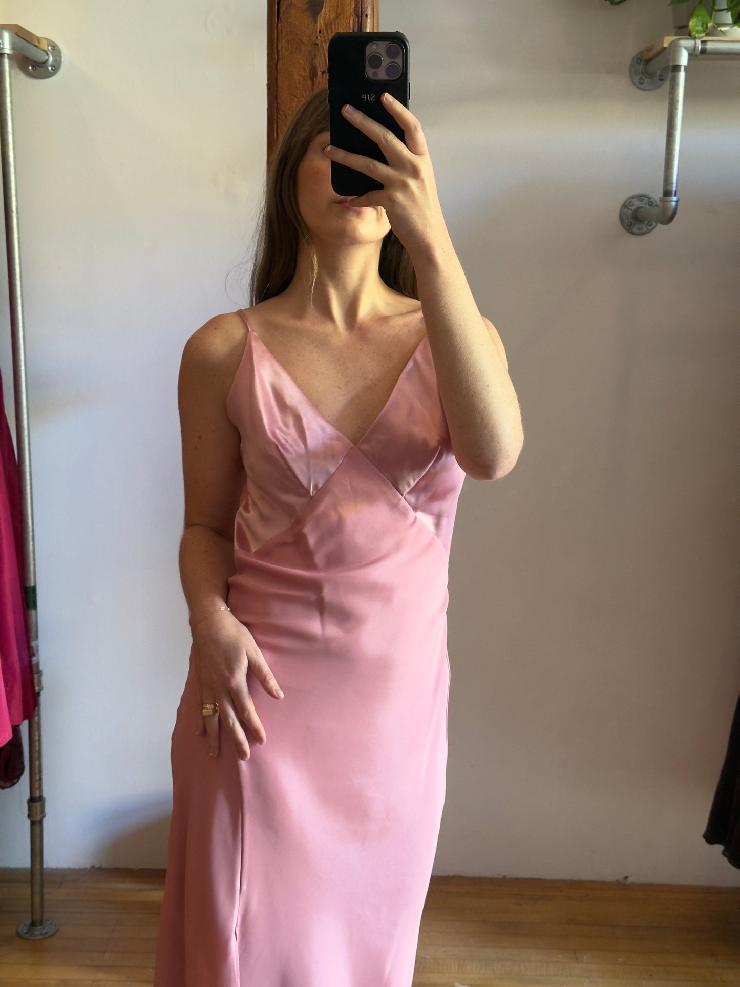 Vintage 90's Pink Satin Chiffon Evening Dress with Contrasting Bust and Leg Slit