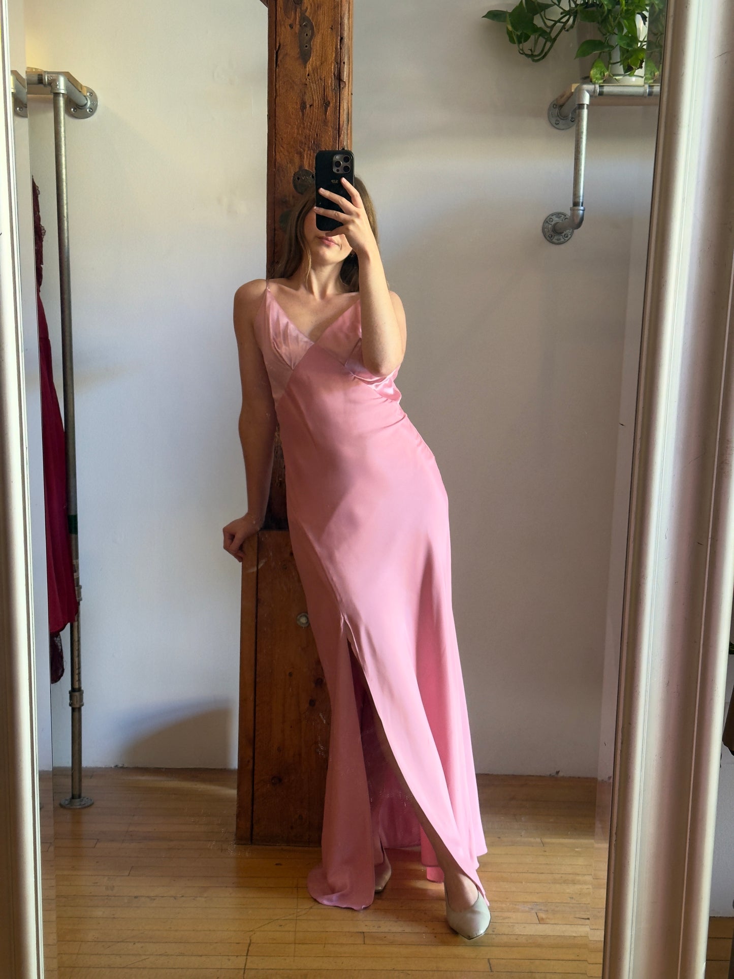 Vintage 90's Pink Satin Chiffon Evening Dress with Contrasting Bust and Leg Slit