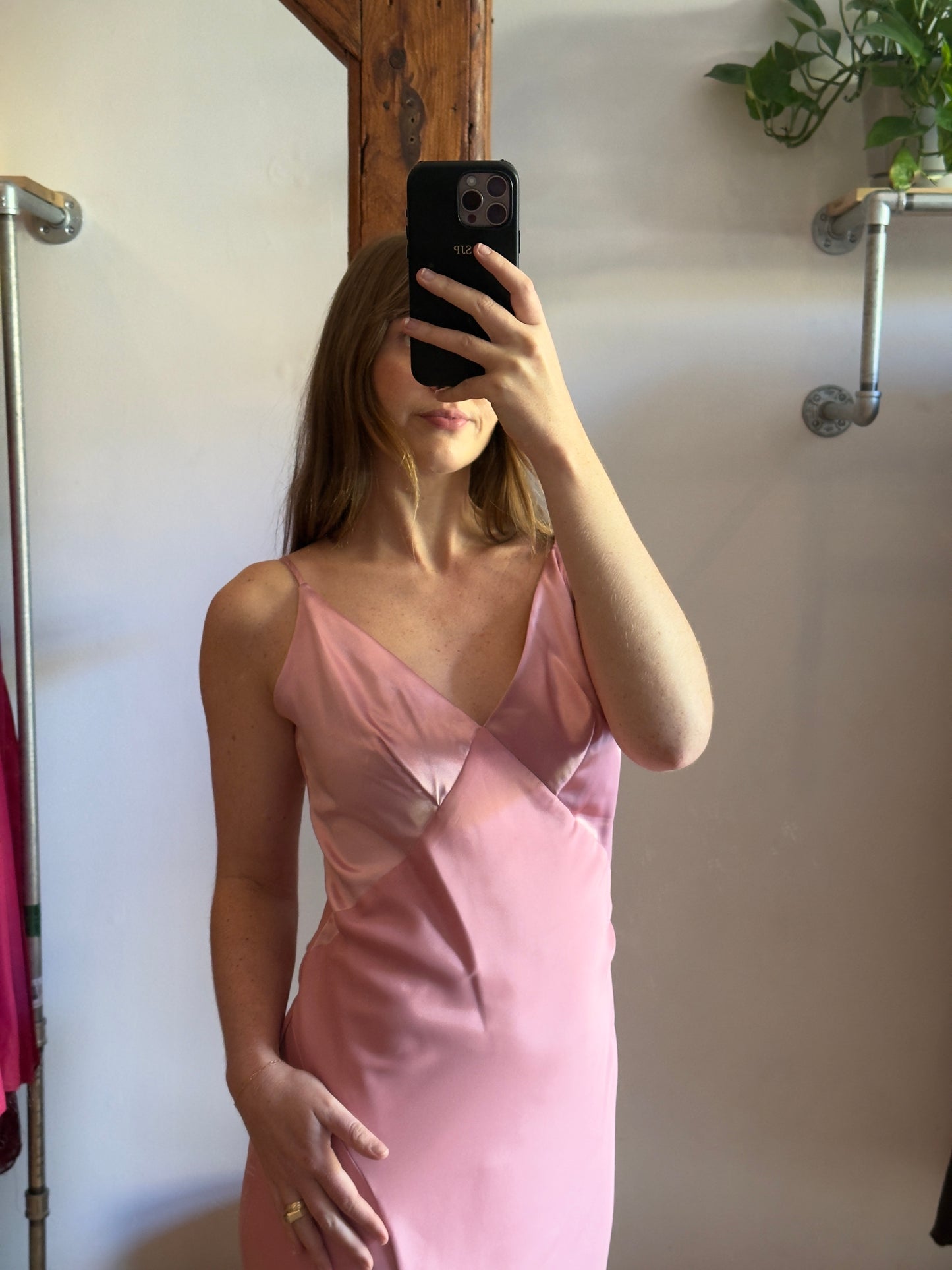 Vintage 90's Pink Satin Chiffon Evening Dress with Contrasting Bust and Leg Slit