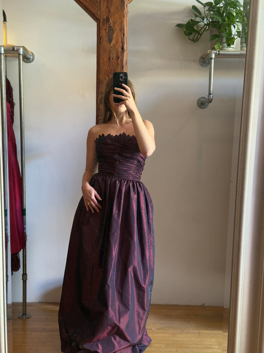 Vintage 80's Purple Wine Taffeta Evening Dress with Tulip Neckline