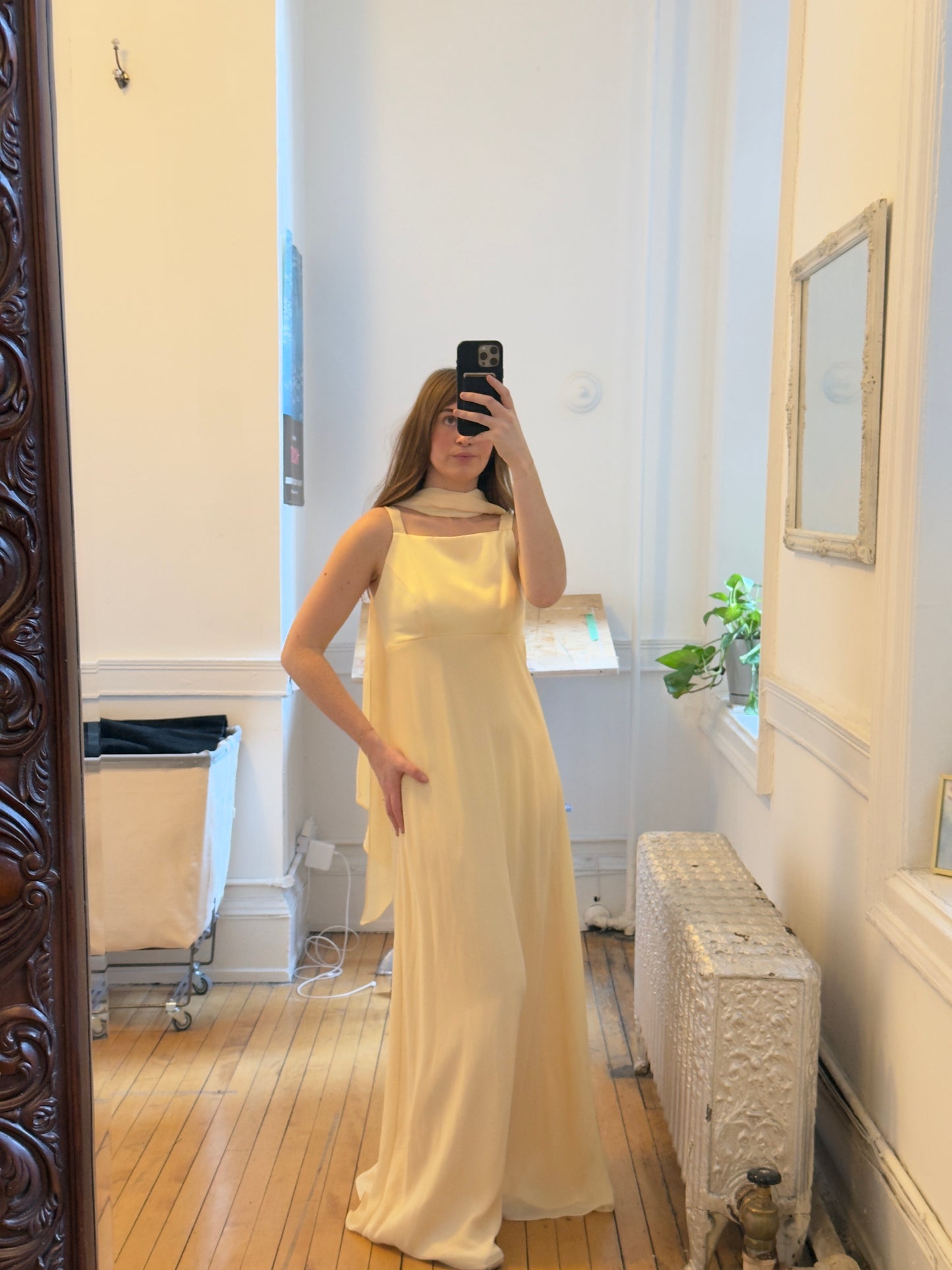 Vintage 80's Butter Yellow Evening Dress with Neck Scarf Found by Steph Vintage 80's Butter Yellow Evening Dress with Neck Scarf Found by Steph