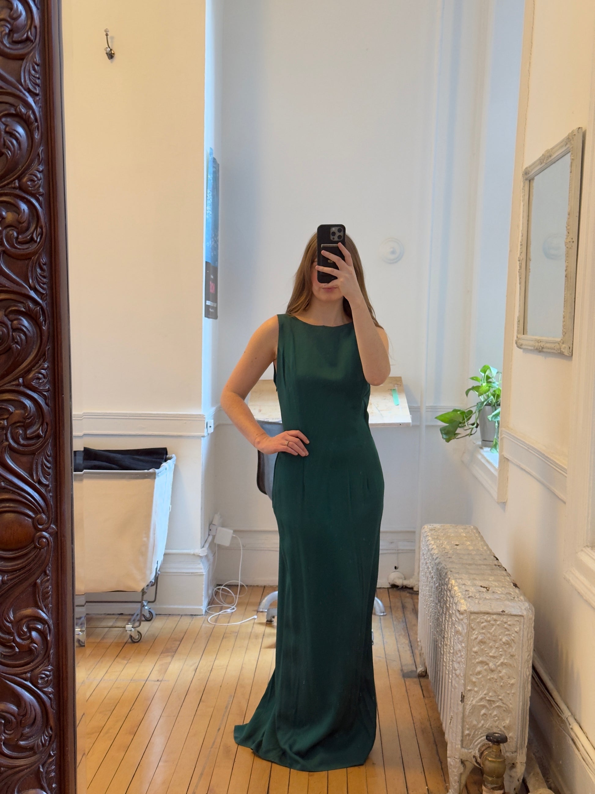 Vintage 90's Emerald Green Evening Dress with Rosette Details Vintage 90's Emerald Green Evening Dress with Rosette Details