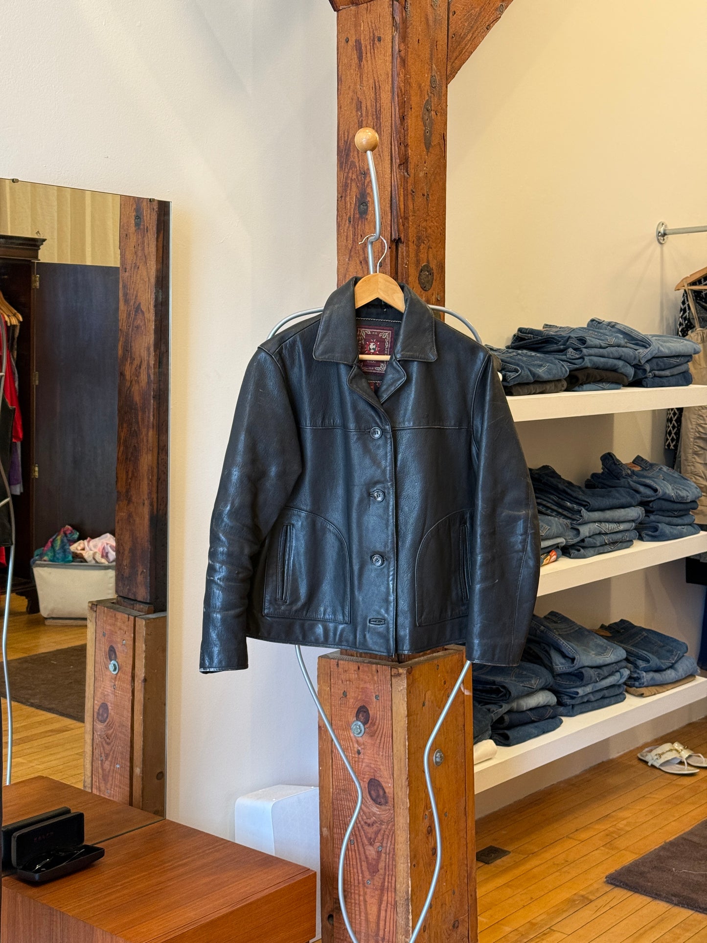 Vintage black heavyweight button up leather jacket by The Territory Ahead (M)