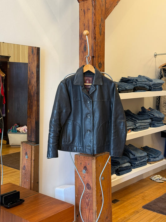 Vintage black heavyweight button up leather jacket by The Territory Ahead (M)
