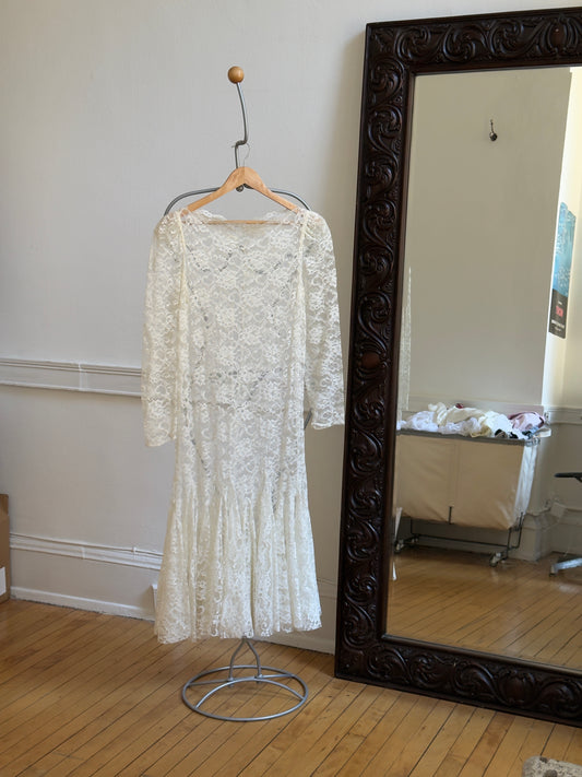 Vintage 80's Sheer Lace Overlay Midi Bridal Dress