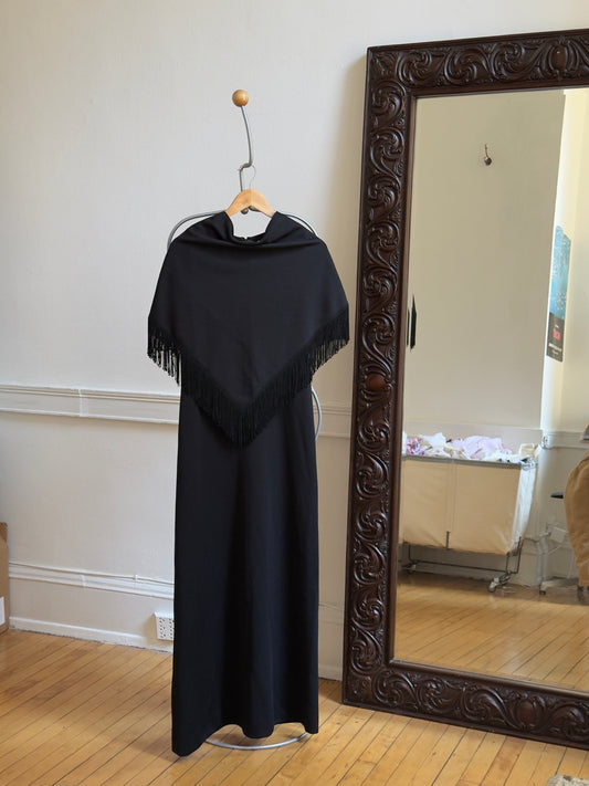 Vintage 60's Black Evening Dress with Fringe Cape