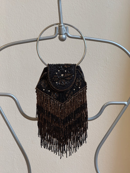 Vintage Y2K Brown/Black Beaded Flapper Purse with Ring Handle