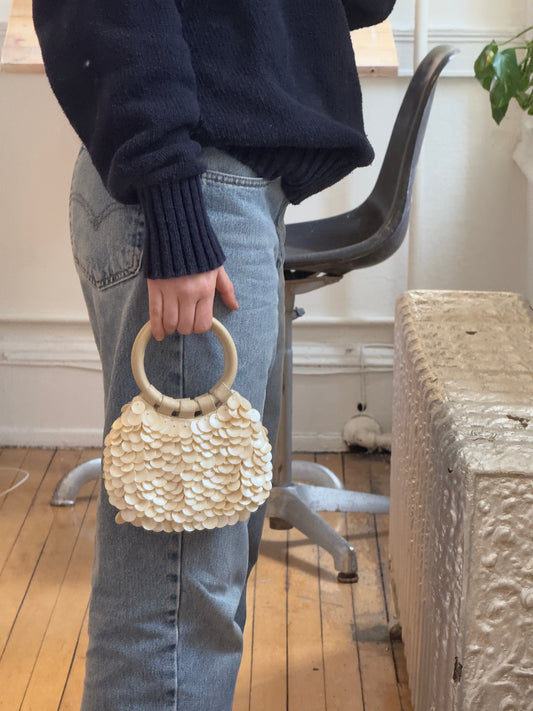 Vintage Y2K Mother of Pearl Shell Purse with Leather Handles
