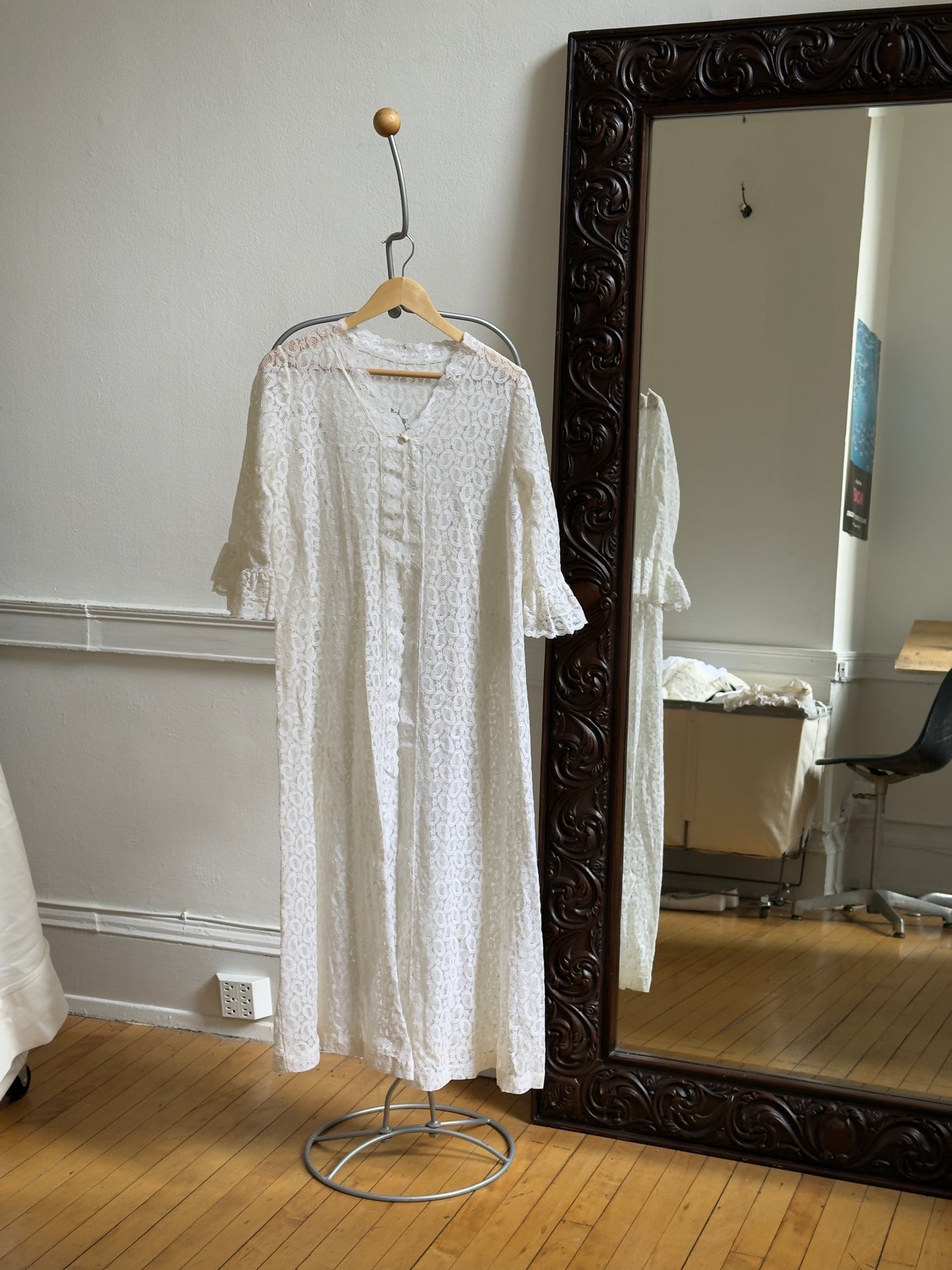 Vintage 70's Ivory Lace Overlay Duster Robe