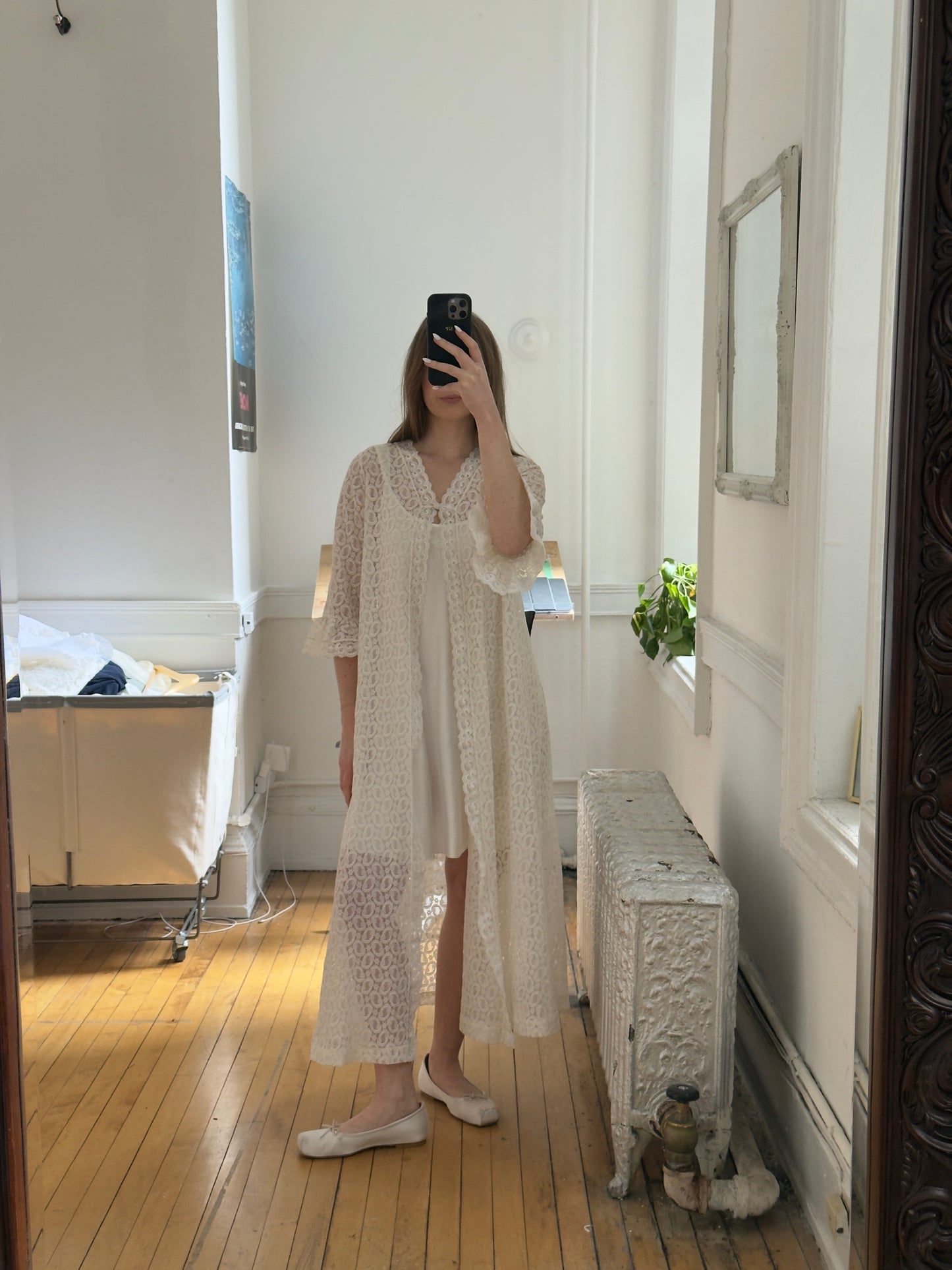 Vintage 70's Ivory Lace Overlay Duster Robe