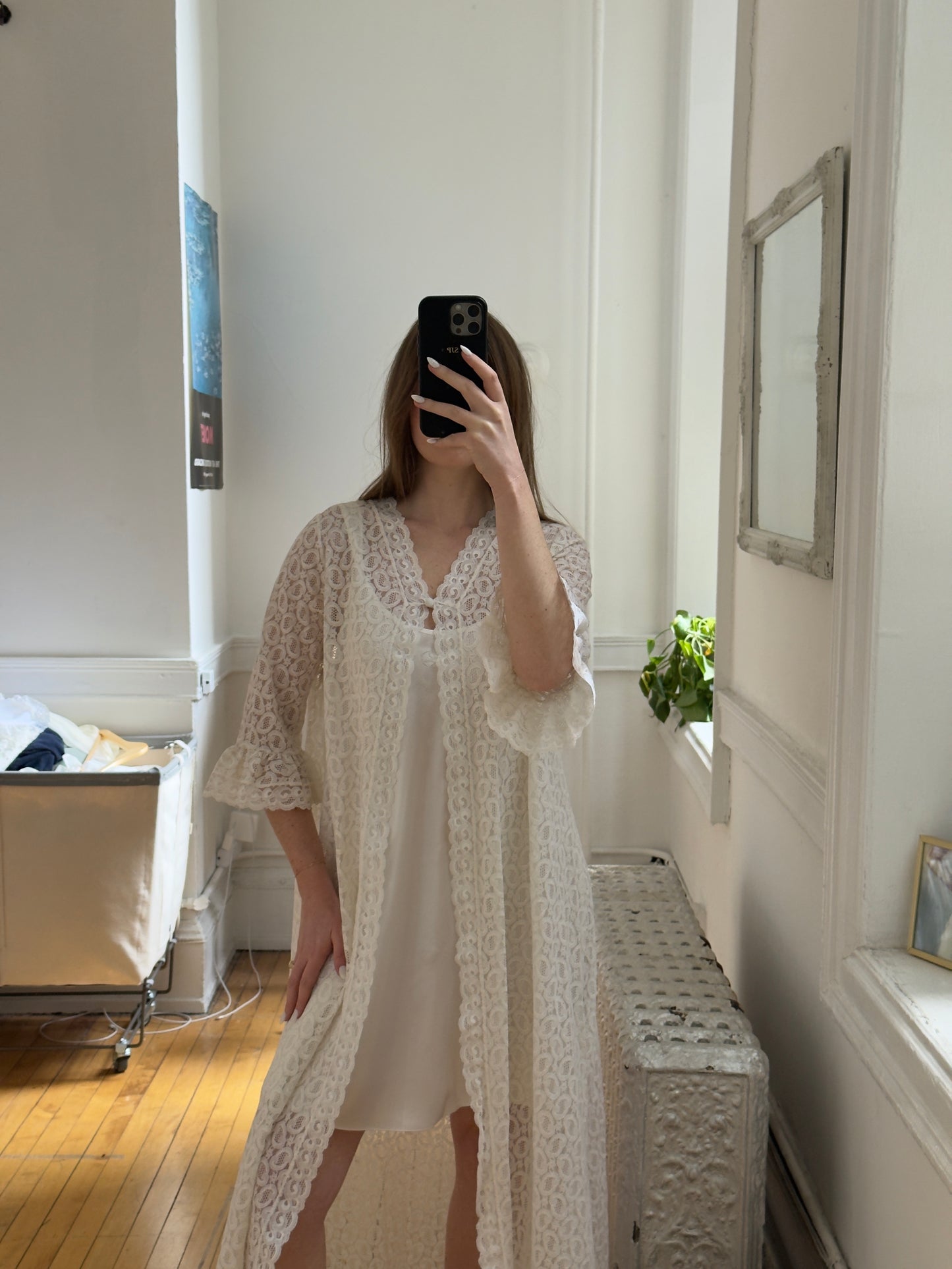 Vintage 70's Ivory Lace Overlay Duster Robe