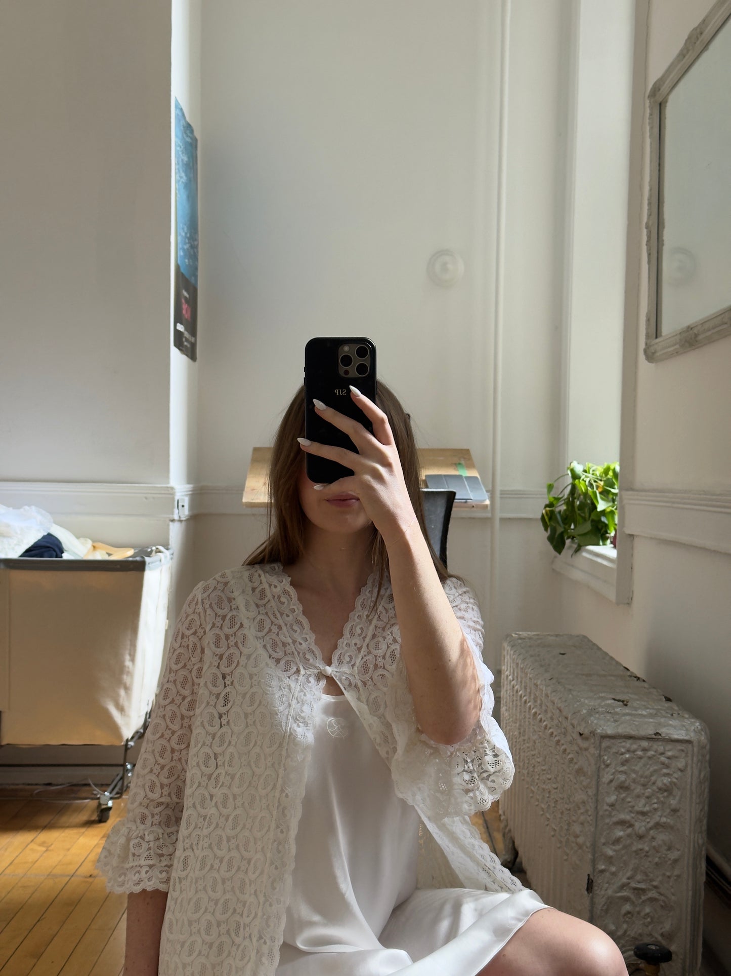 Vintage 70's Ivory Lace Overlay Duster Robe