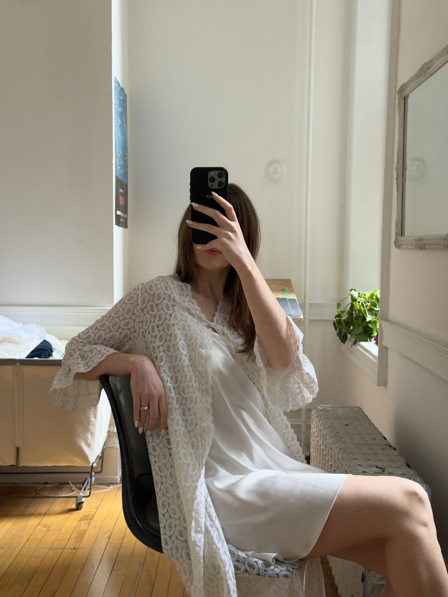 Vintage 70's Ivory Lace Overlay Duster Robe