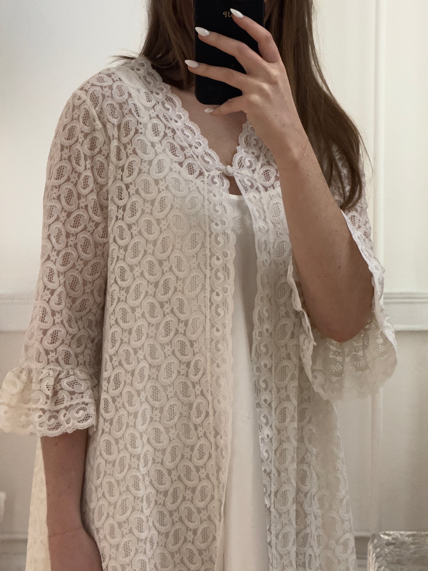 Vintage 70's Ivory Lace Overlay Duster Robe