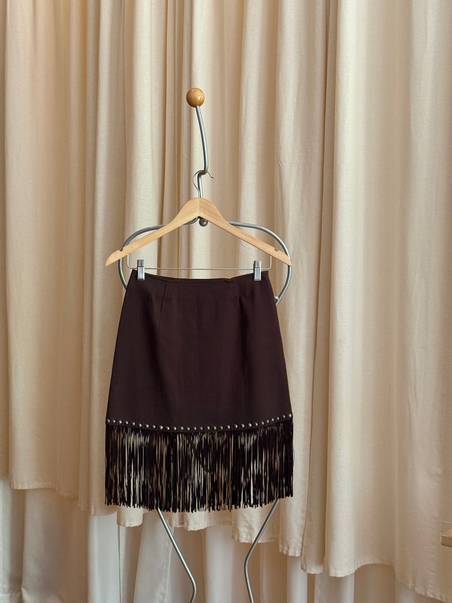 Vintage brown fringe mini skirt by Moschino (1990s)