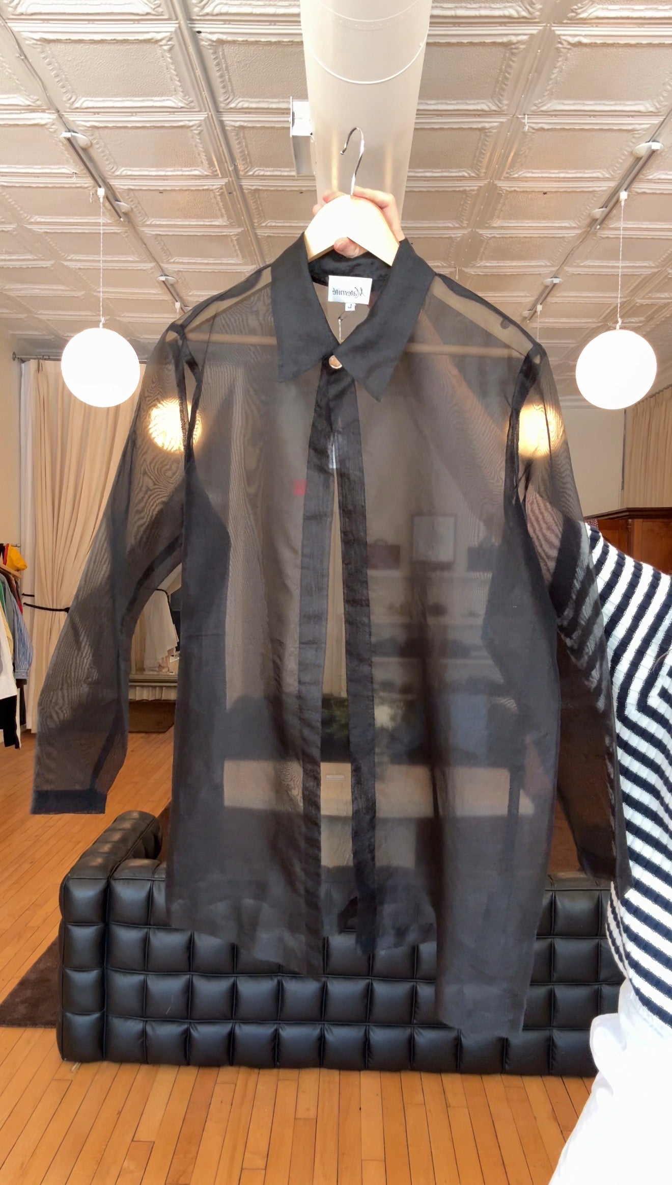 Vintage black sheer organza single button duster jacket by Maternité (L)