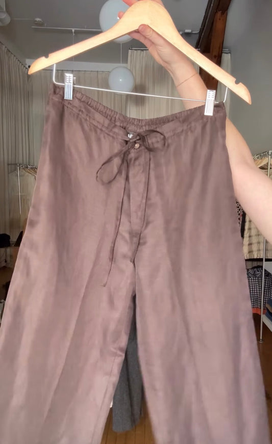 DKNY — Vintage 1990s Espresso Brown Rayon-Linen Drawstring Trousers | Size M