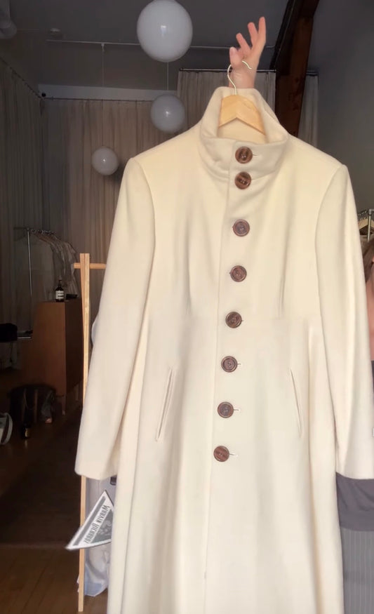 Marvin Richards — Vintage 1980s/90s NWT Ivory Wool Funnel-Neck Flared Princess Coat | Size 12