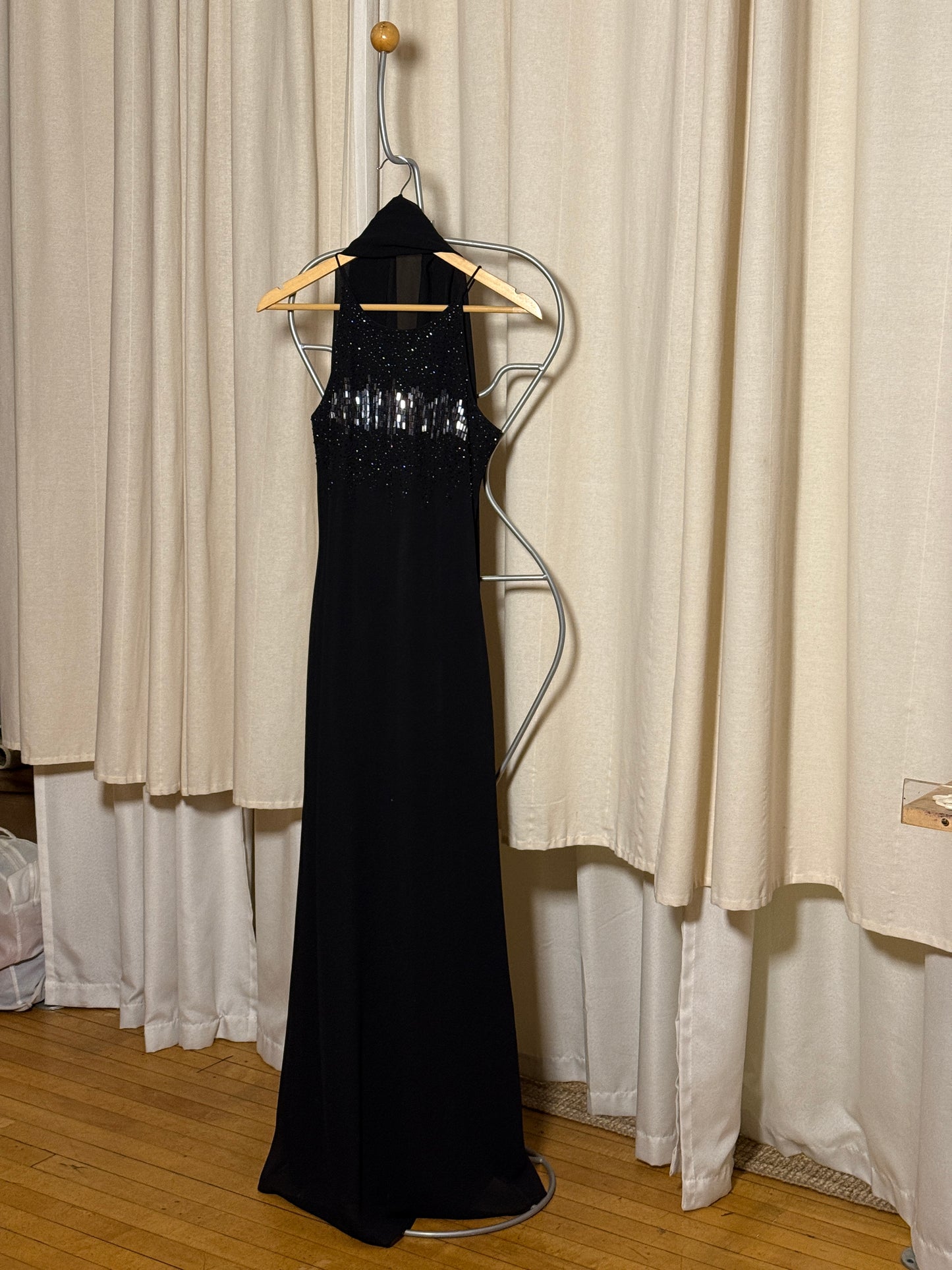 Vintage black sequin evening dress with neck scarf by Cachet